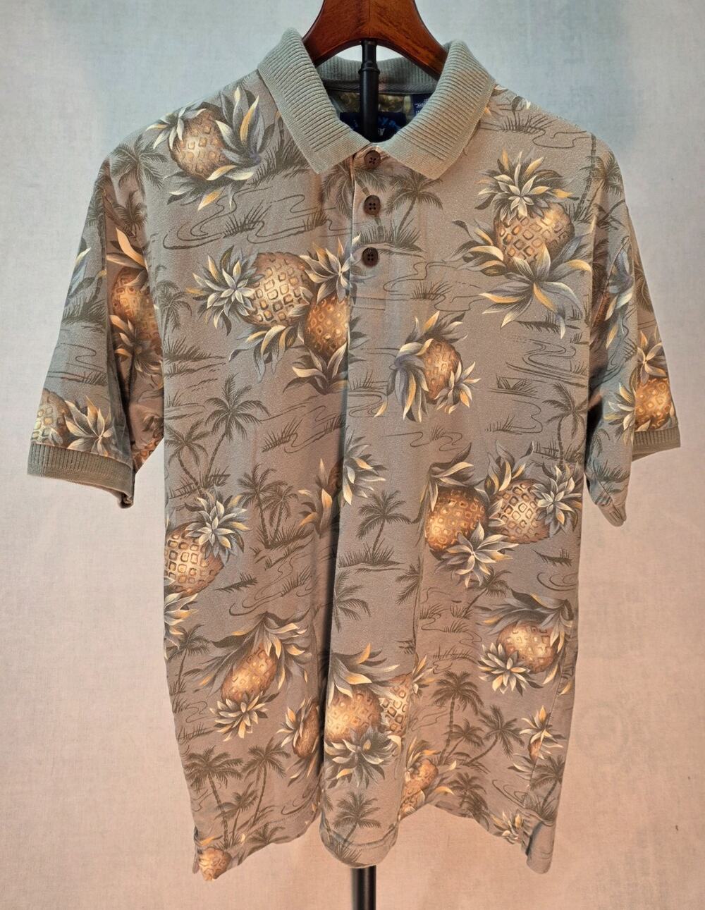 Vintage Biscayne Bay Men's Medium‎ Pineapple Palm Tree Polo Shirt Green Cotton